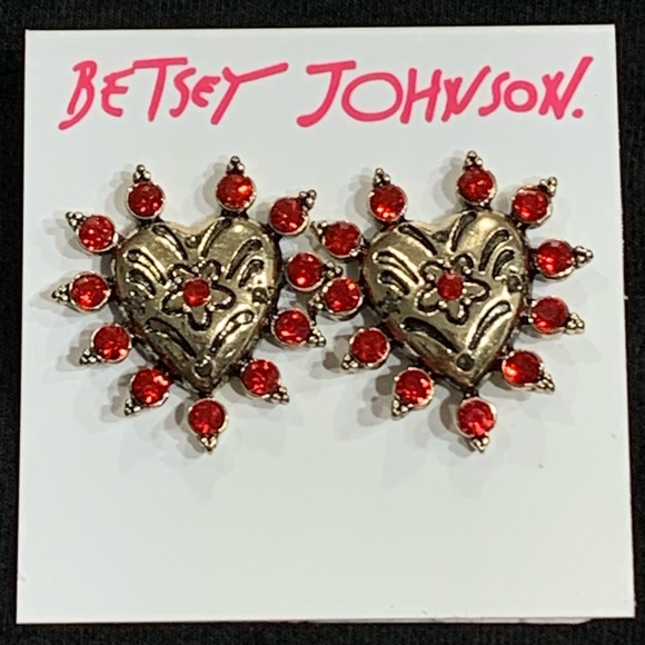 BETSEY JOHNSON Sparkling Red & Gold Floral HEARTS POST EARRINGS! Sweet Love Gift - Picture 1 of 6